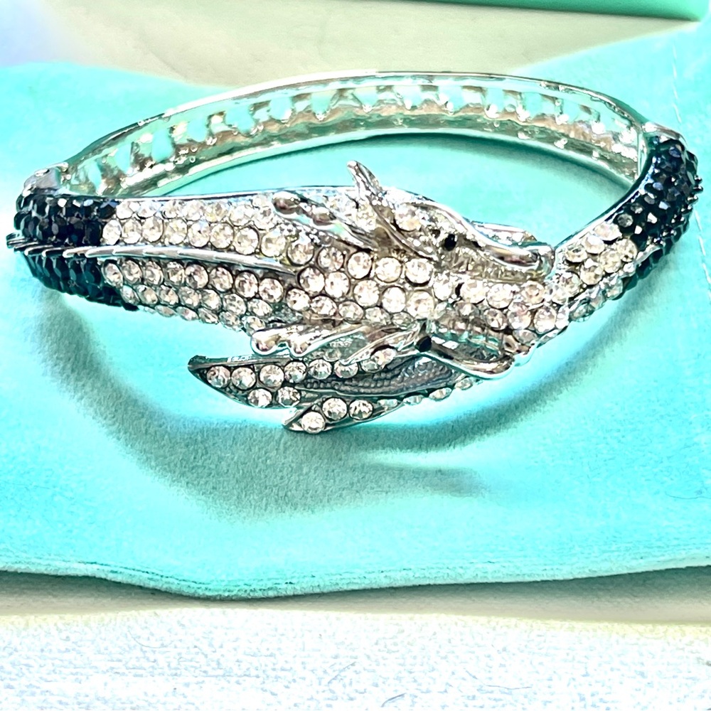 Everfaith Austrian Crystal Black Clear Dragon Hinged Cuff Bracelet